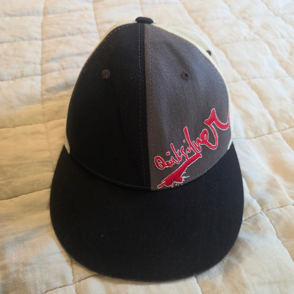 Y2K Quiksilver Flexfit Hat Mens L/XL Black Grey Cream 90's Tri-Color Blocked Cap